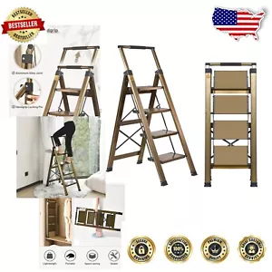 Lightweight 4-Step Ladder with Wide Anti-Slip Pedals and Handrail - Brown Gold - Picture 1 of 9
