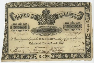 Spain España Valladolid 200 Reales 1-8-1857 Pick S432 VF Circulated Banknote - Picture 1 of 2