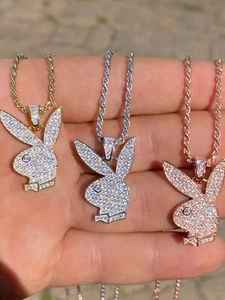 Playboy Bunny Pendant Simulated Diamond Real 925 Silver Gold & Rose Plated Chain