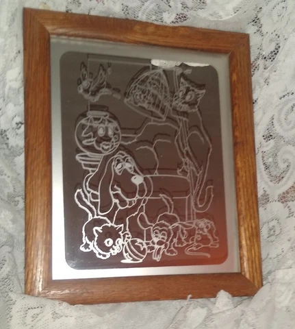 Unique ETCHED MIRROR in Wood Frame w/ Cartoon Like Animals ~ Puppy Kitten Mouse Cover