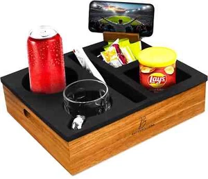 Handmade Acacia Wood Couch Cup Holder Tray with Carry Handles, Removable Silicon - Picture 1 of 8