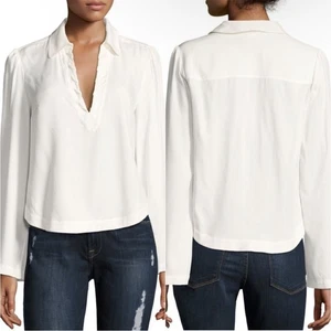 FRAME Off White Long Sleeve V-Neck Whip Stitch Collared Blouse Large - Picture 1 of 5