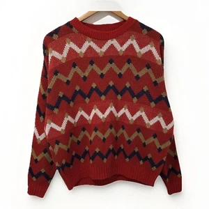 Vintage 90s Zig Zag Pattern Knit Jumper Men's S Red Boxy Fit Geometric Festive - Picture 1 of 19
