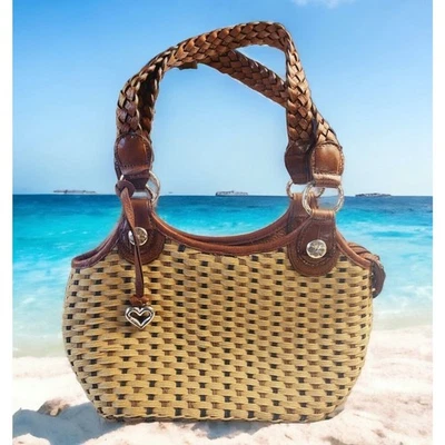 Bolso de Hombro Brighton Tejido de Paja Bolso de Mano Cartera Cuero Correas Trenzadas Corazón Tostado Foto 1 de 4