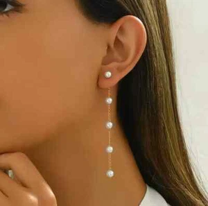 Faux Pearl Tassel Drop Earrings White, Golden Set Women Outfit Dangle Ideal Gift - Picture 1 of 3
