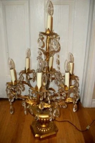 MID CENTURY ITALIAN GILT GIRANDOLE CRYSTAL CANDELABRA LAMP TABLE CHANDELIER 7 LT Cover