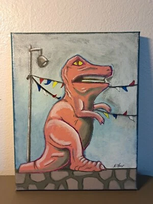 Оригинальный акриловый многоцветный холст 8x10 «Придорожный динозавр» ограниченный выпуск 1/1 с подписью - Изображение 1 из 4