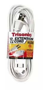 12 FT White Extension Cord, 16 Gauge Power Cord with 3 Recepacle Cube Tap UL - Picture 1 of 2