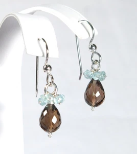 Delicate Handmade Aquamarine & Smoky Quartz Dangle Drop Silver Earrings NEW - Picture 1 of 3