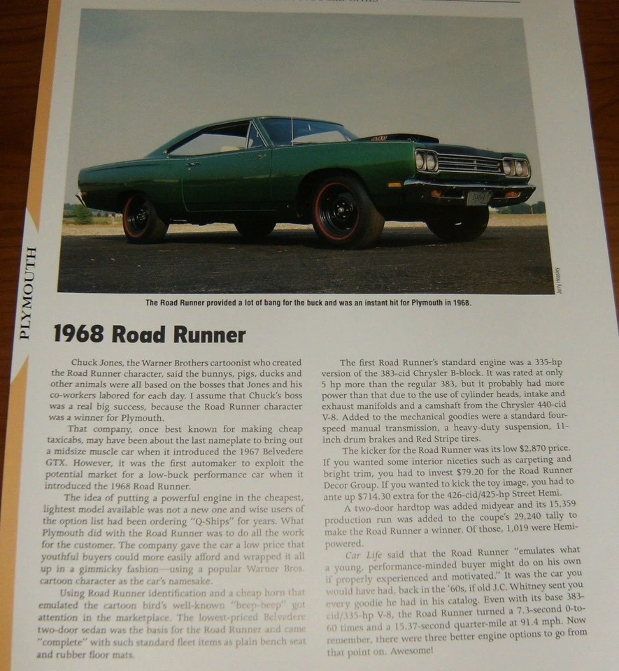 1968 PLYMOUTH ROAD RUNNER 规格信息照片 68 HEMI 440 ROADRUNNER — 第 1/1 张图片
