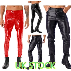 UK`Men Faux Leather Shiny Tights Skinny Motorcycle Biker Pants PVC Long Trouser - Picture 1 of 34