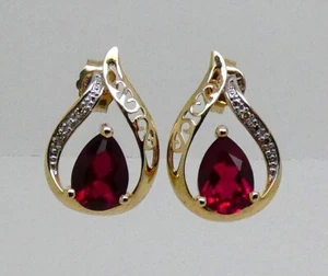 SOLID 9CT YELLOW GOLD CREATED RUBY & DIAMOND DROP STUD EARRINGS - Picture 1 of 11