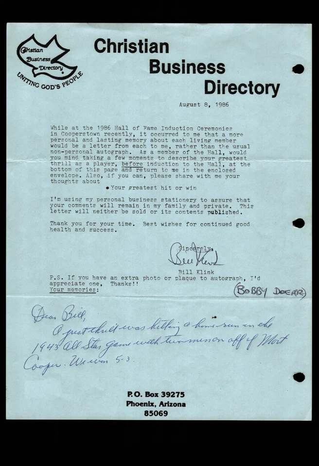 CARTA DE FAN RESPUESTA DE HOF BOBBY DOERR RE: MAYOR EMOCIÓN, CERTIFICADO BAS Foto 1 de 2