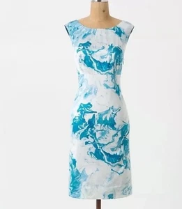 Anthropologie Maeve Blue Marbled Waters Silk Blend Shift Dress 4 Cocktail Party - Picture 1 of 8