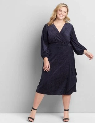 Lane Bryant Women’s Navy Faux Wrap Textured Midi Dress Size 28 New $110 - Image 1 of 4
