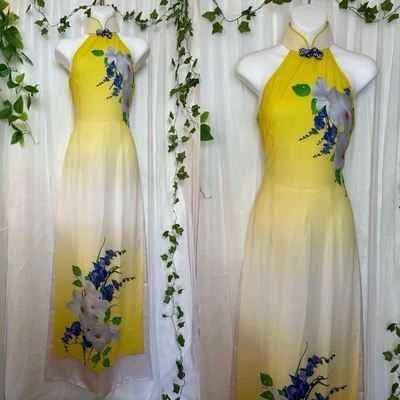 Traditional Vietnamese Áo Dài - Handmade Black Floral With Orange Bottoms - Image 1 of 4