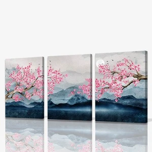 Japanese Cherry Blossom Tree Wall Art - Pink Floral Canvas Pictures for Bathr... - Picture 1 of 9