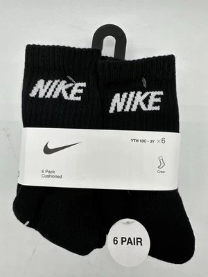 NEW 6 PAIRS NIKE YOUTH CUSHIONED CREW SOCKS SIZE 10C-3Y BLACK - Image 1 of 3