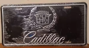 Cadillac Script Logo Metal License Plate (Chrome on Black) NEW SEALED - Picture 1 of 2