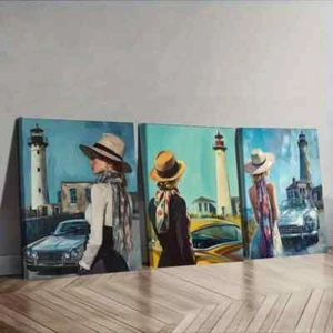 Lienzo arte de pared La chica del coche viejo (4) 3 piezas sin marco/enmarcado - Imagen 1 de 9