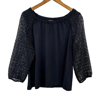 Blusa Talbots de renda feminina L manga 3/4 azul mistura de rayon boho - Imagem 1 de 4