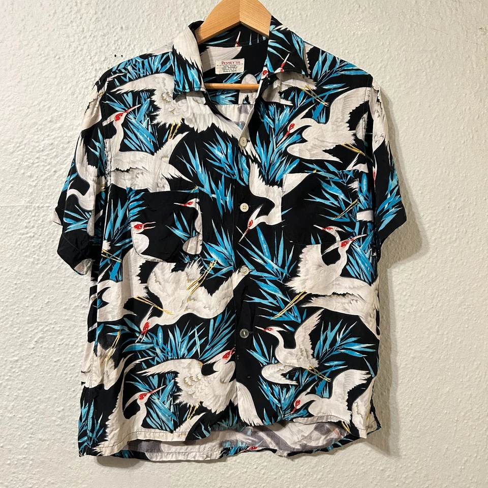 Vtg 1950s PENNEY'S Men Sz M Rayon Shirt Rockabilly Aloha Crane Birds Loop Collar - Image 1 of 4
