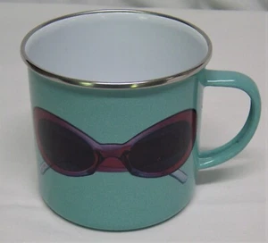 Enamelware Camping Old Navy Coffee Cup Sunglasses on Turquoise 4" D x 3.5" Tall - Picture 1 of 6