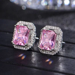 New Rectangle Charm Pink Kunzite Gemstone Luxury Silver Women Girl Stud Earring - Picture 1 of 6