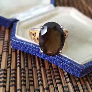 925 Sterling Silver Ring, Genuine Smoky Quartz, Animal Print, Size O.5 US 7.25 - Picture 1 of 8