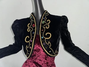 Vtg 80s Jeweled Black Velvet Dress Bolero Crop Jacket Matador Puff Sleeve Genie - Picture 1 of 8