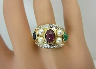 14k Yellow Gold Cabochon Ruby Emerald Blue Sapphire Pearl Diamond Ring - Image 1 of 4