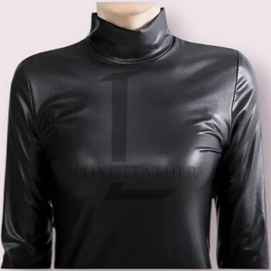 Damen Schwarz Leder Hochgeschlossen Hemd Echt Lammleder Lederhemd Slim Fit Shirt - Bild 1 von 8