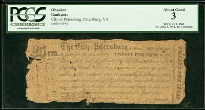 1861 PETERSBURG VA Confederate States Civil War, 25c City Obsolete Banknote PCGS - Image 1 of 4