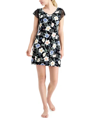 Charter Club 蕾丝袖 Chemise 睡袍 睡衣 黑色 热带花卉 — 第 1/4 张图片