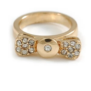 Gold Plated 'Cutie' Bow Ring with Clear Crystals - 2cm Length - Size 7 - Picture 1 of 6