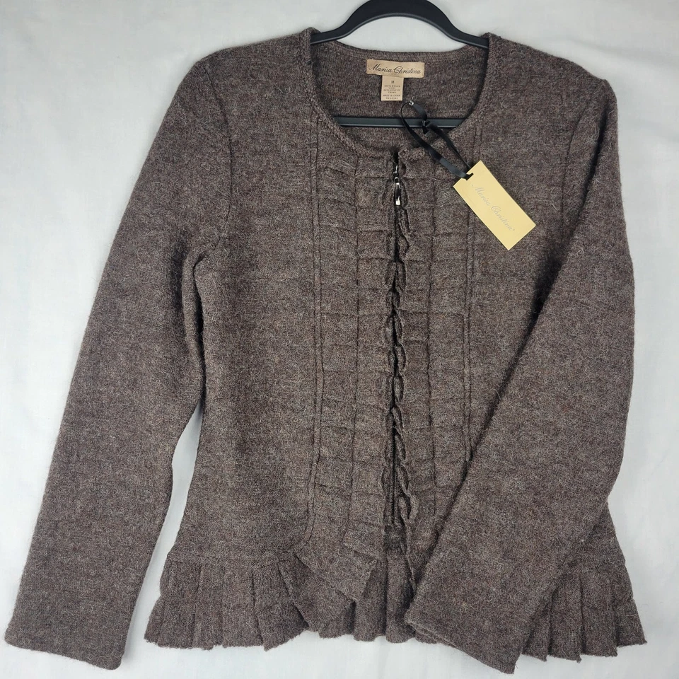 Marisa Christina женщин кардиган Sz M коричневый вареной шерсти оборки складки полный молнии новый с Ярлыками - Изображение 1 из 4