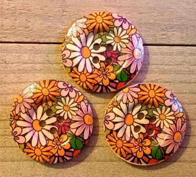 3 Flower Buttons Crafting Sewing Round Wood 4 Hole 1 1/8"  - Image 1 of 2