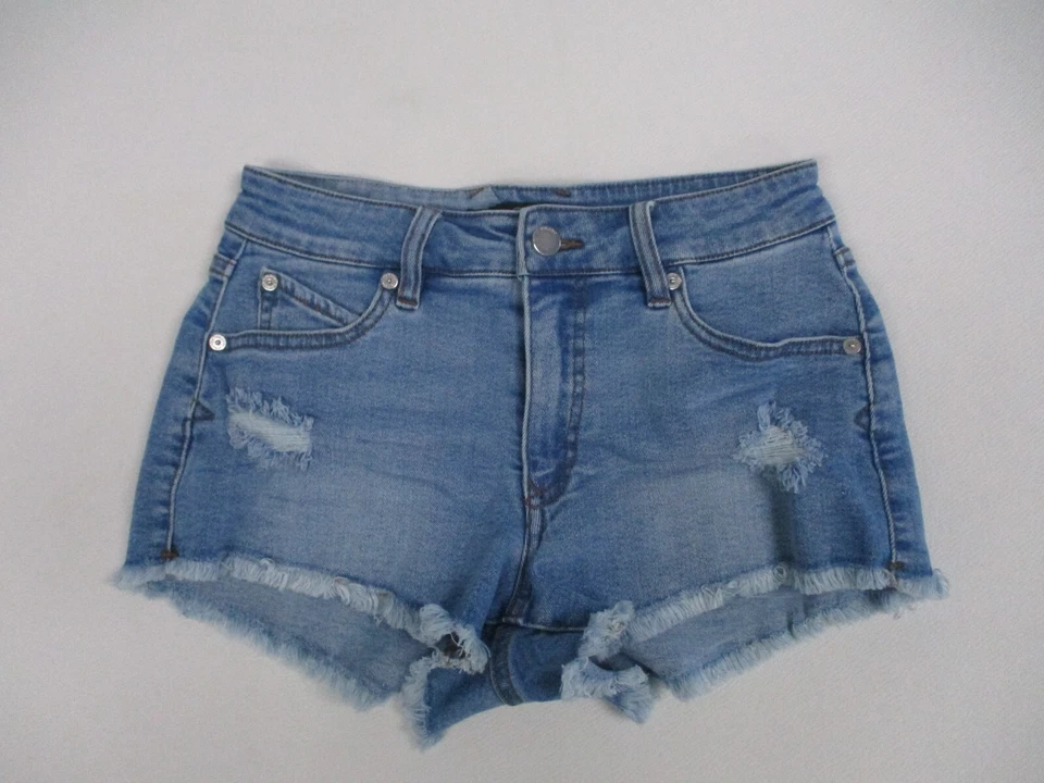 Volcom Shorts Women's Size 25 Blue Denim Stretch Shorts Distressed Mid Rise - Image 1 of 4