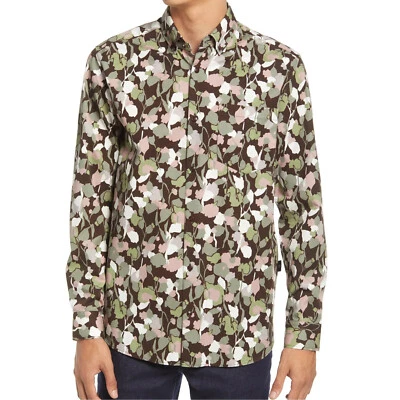 Camisa Ted Baker Para Hombre Álamo Abstracto Estampado Floral Botón Bolsillo Frontal LS Marrón Foto 1 de 4