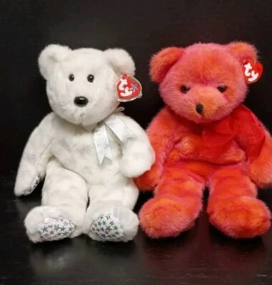 复古一对 Beanie Buddies Bears Beginning Bear & Rouge Bear 带标签 14 — 第 1/4 张图片