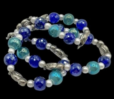 "Collar gargantilla de cuentas de acrílico facetado y búho azul verdoso perla plata 15"" usado en excelente estado" Foto 1 de 4