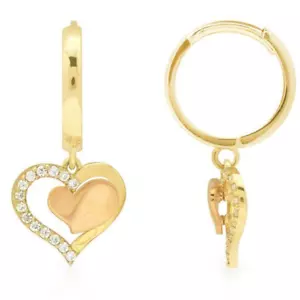 0.40CTW CZ 14K Yellow Pink Gold Heart Huggie Hoop Dangle Earrings - Picture 1 of 3