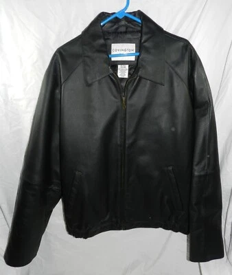 Men's Black Leather Jacket by Covington size XL (46-48) Zippered - Imagem 1 de 4