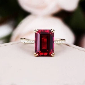 Lab-Created Ruby Ring – 9×11mm Emerald Cut with Moissanite Side Stones - Picture 1 of 9