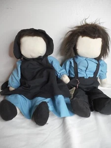 Pair Amish Folk Art Primitive Handmade Faceless Dolls Boy / Girl 19” Signed 1989 - Picture 1 of 13