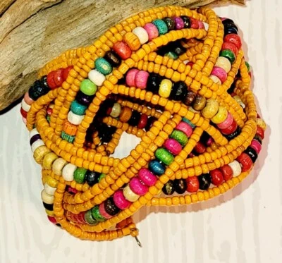 Orange / Multi-Color Glass and Wood Bead Cuff Bracelet, Approximately 7 inches - Image 1 of 3