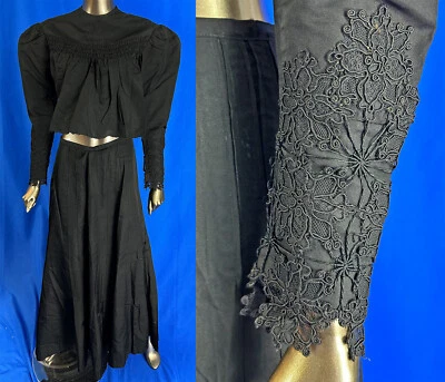 Vestido de luto falda corpiño manga pierna de cordero ribete encaje seda negro victoriano Foto 1 de 4