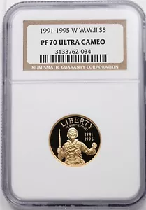 1991-1995-W Gold NGC PF70 ULTRA CAMEAO $5 World War II NG2113 combine shipping - Picture 1 of 4