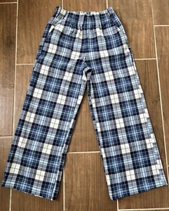H&M Wide Leg Pants Girls Size 8 Plaid Blue White Adjustable High Waist Pull On - Picture 1 of 8
