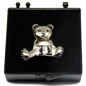 Teddy Bear Lapel Pin Silver Tone Cute Gift Collectible With Protective Case - Picture 1 of 3